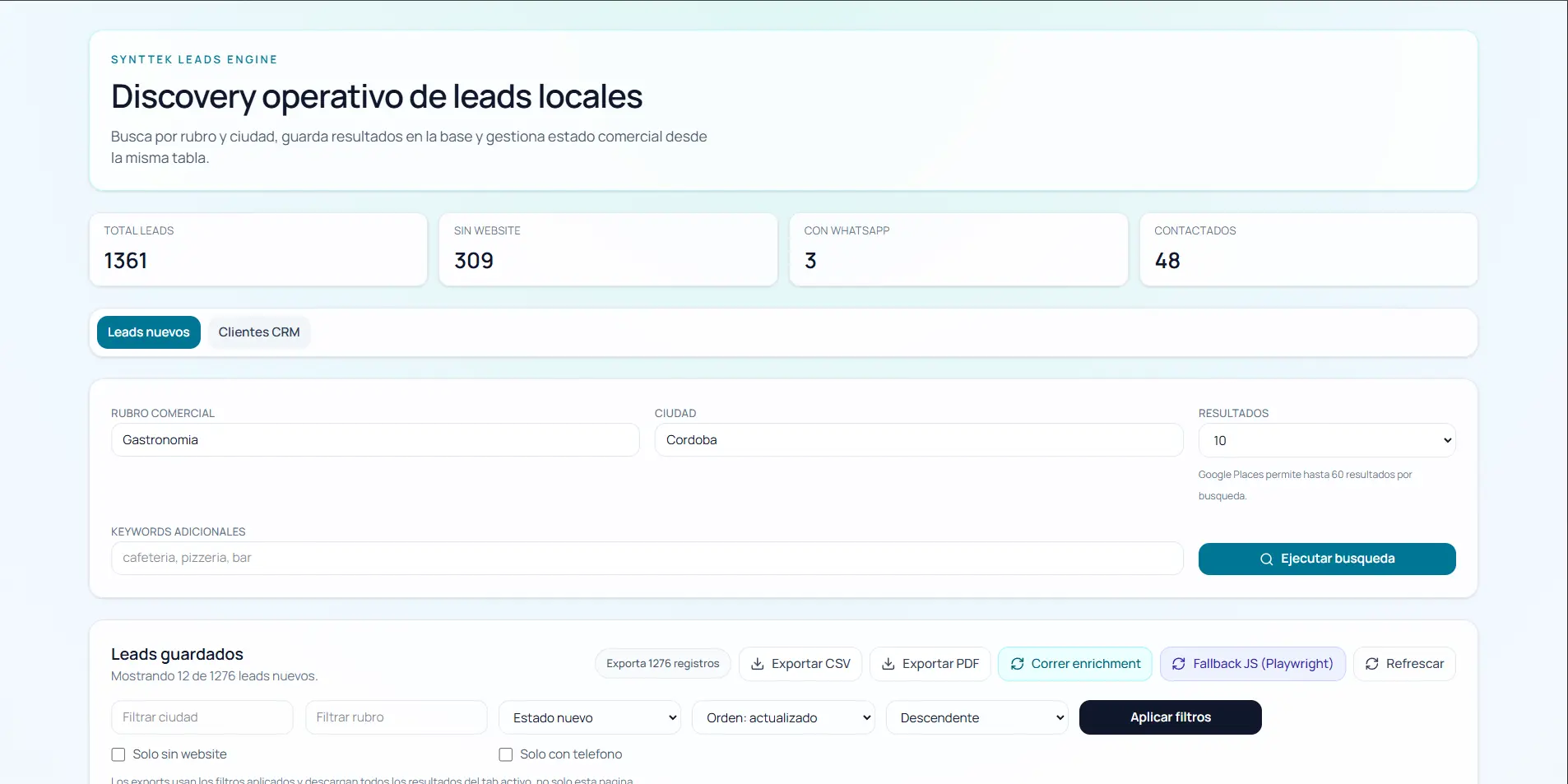 Synttek Leads Engine - CRM + Automatización de Prospección
